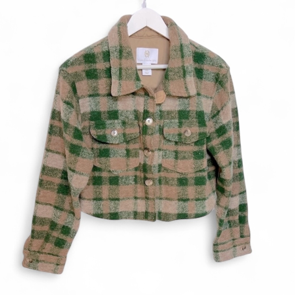 House of Harlow 1960 Cropped Green Tan Wool Blend Plaid shirt Cabincore Sz M
